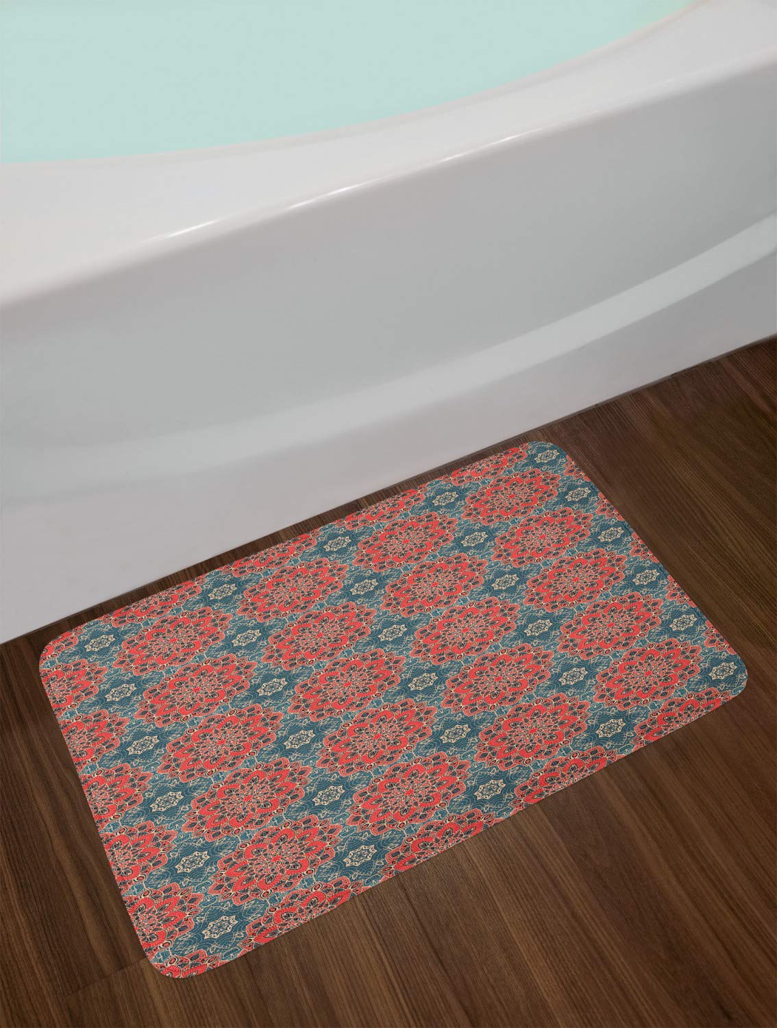 Ambesonne Mandala Bath Mat - Non-Slip Plush Bathroom Rug with Exotic Oriental Checkered Design, 30.2 x 20 Inches, Dark Coral & Slate Blue - Perfect for Spa, Yoga Studio & Boho Home Decor
