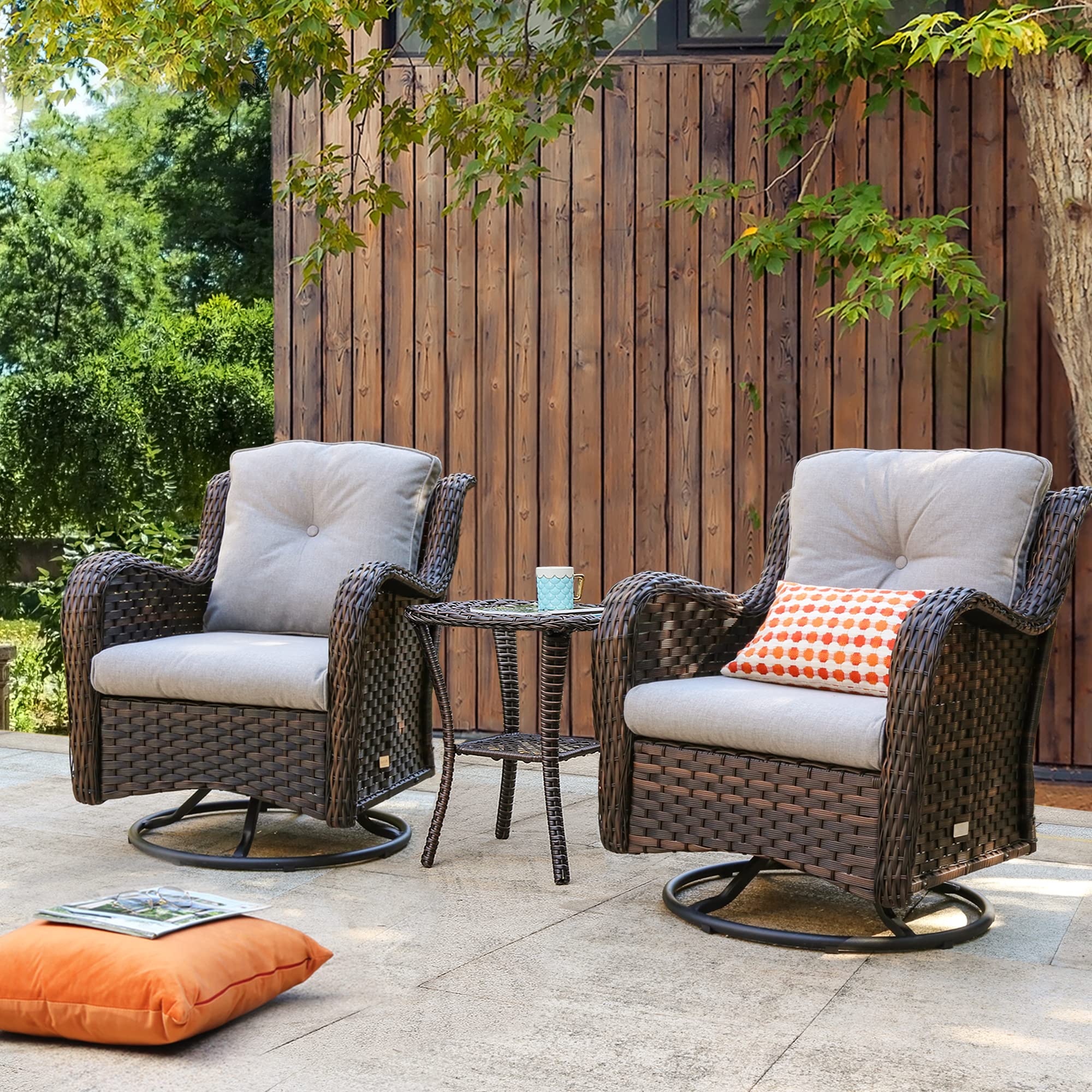 HAPLIFE 3-Piece Patio Bistro Set with Wicker Swivel Chairs and Side Table - Rattan Outdoor Furniture Rocking Chair Set (Dark Brown) for Garden, Balcony, and Backyard Relaxation