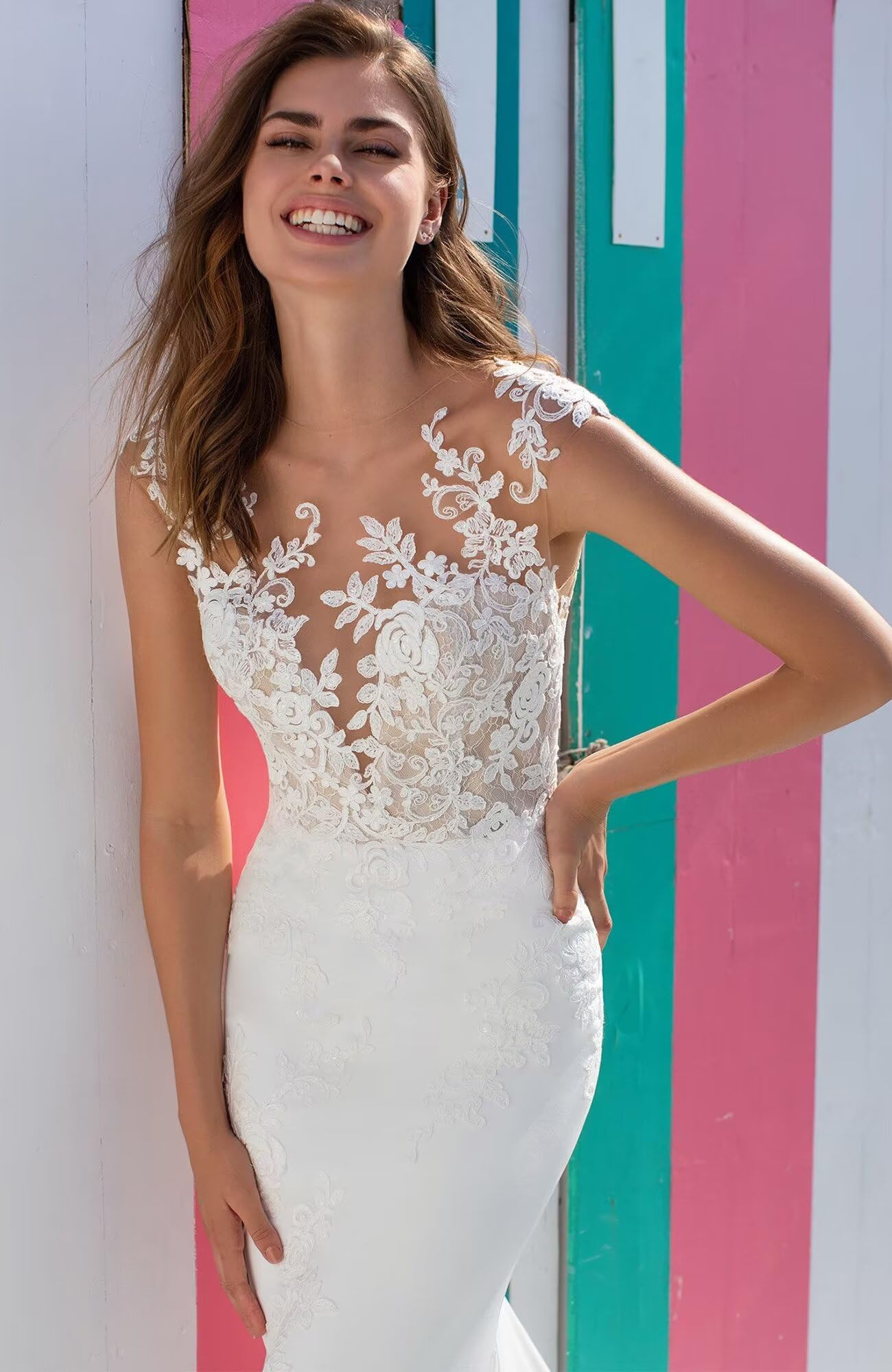 Elegant Lace Mermaid Wedding Dress for Bride - Floral Backless Boho Bridal Gown for Beach, Destination & Outdoor Weddings | Perfect for Romantic Seaside Ceremonies