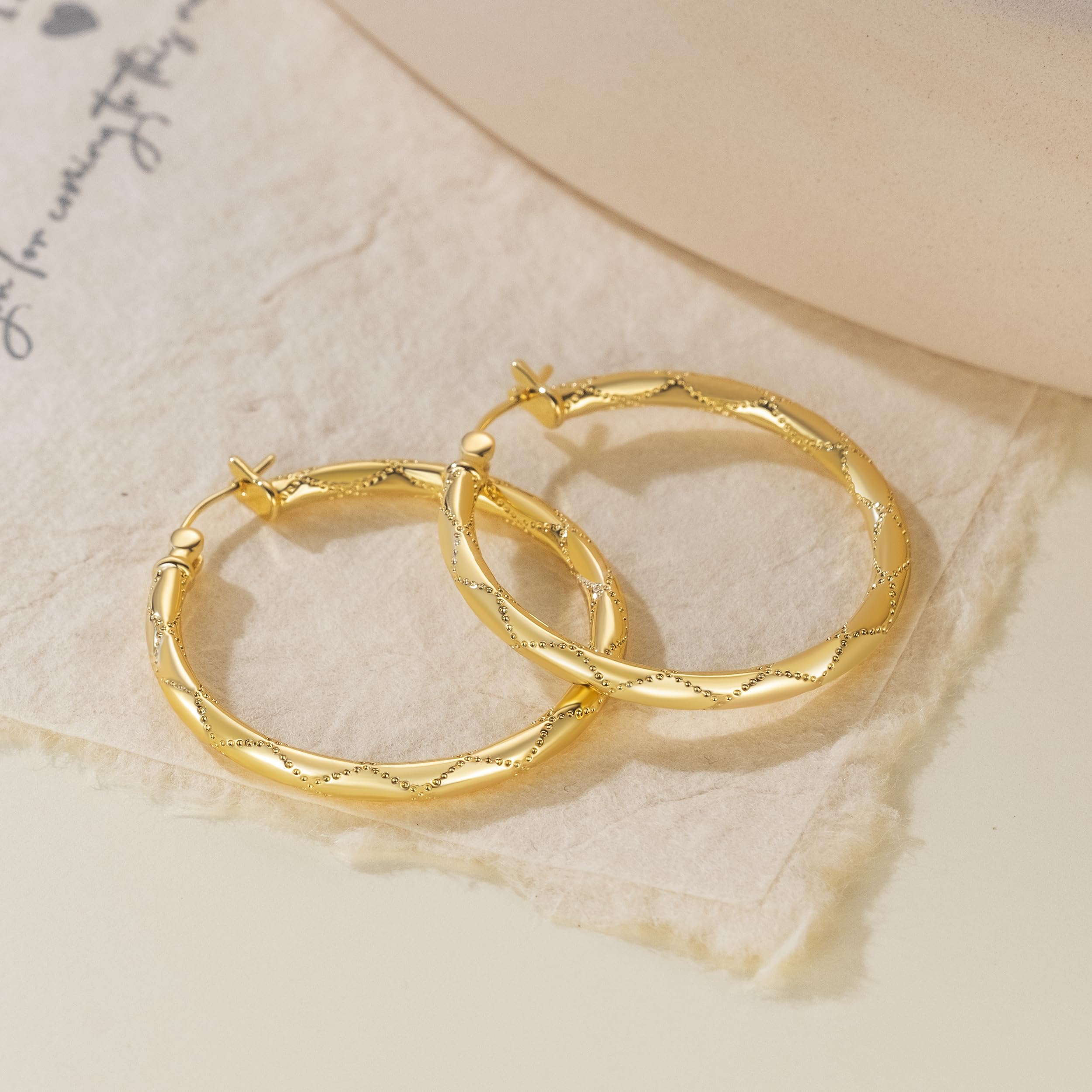 14K Gold Hoop Earrings for Women - 30mm Dot Engraved Big Hoop Earrings by Al&Tiffy | Elegant Gold Jewelry for Parties, Weddings & Everyday Wear