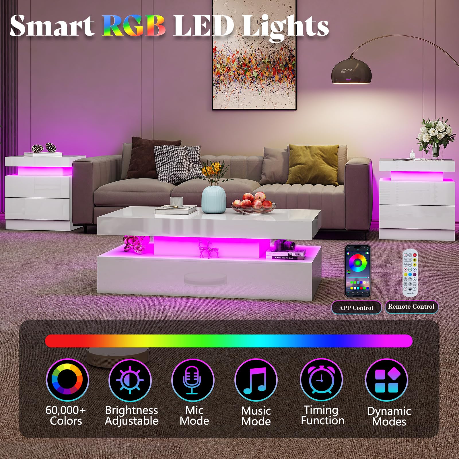 AMERLIFE 3-Piece Modern LED Coffee Table Set with Charging Station - High Gloss White 2-Tier Center Table & 2 End Side Tables, Nightstand for Living Room & Bedroom - Perfect for Home Decor, Entertainment & Charging Devices