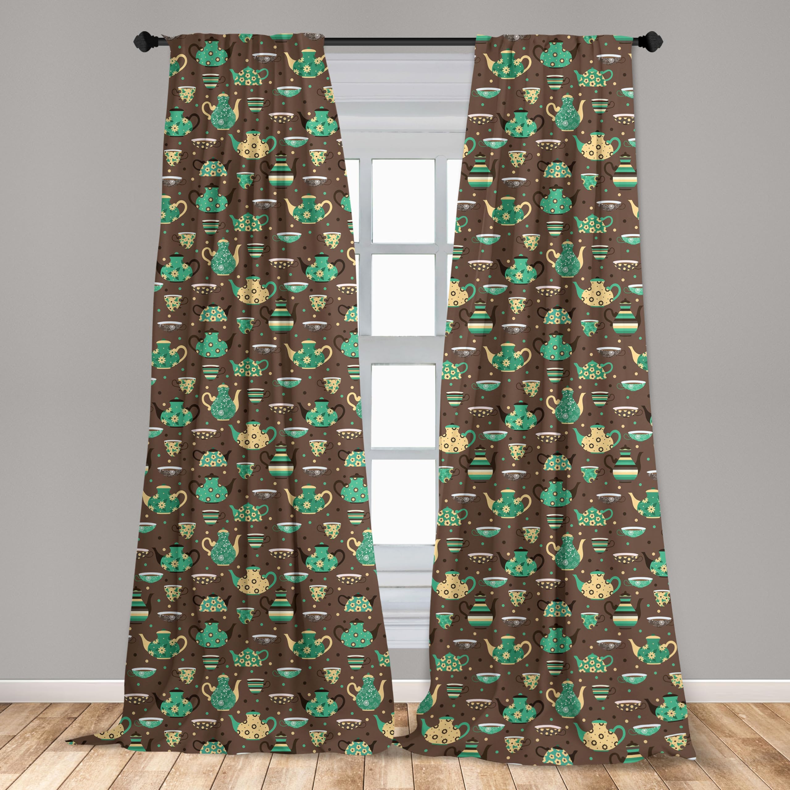 Ambesonne Floral Tea Party Curtains - 2 Panel Set with Cups & Pots Design on Dotted Brown Background, 28