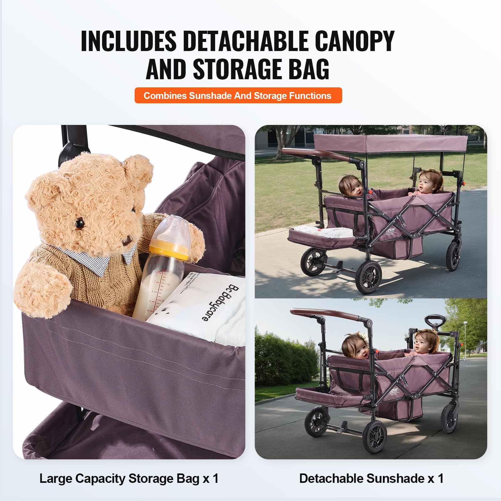 VEVOR Double Stroller for 2 Kids - Foldable 4-Wheel Wagon with Adjustable Handle, Safety Harness & Removable Canopy - Perfect for Camping, Beach Outings & Family Walks (Dark Purple)