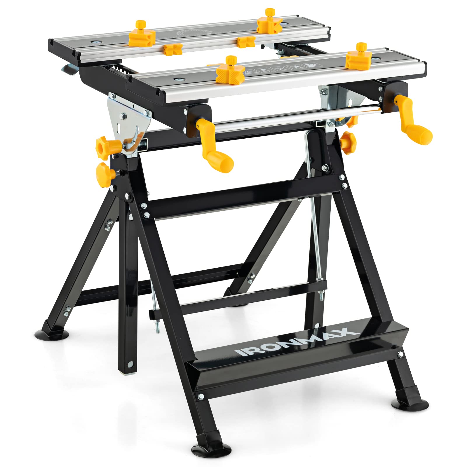 Goplus Portable Folding Workbench with Tiltable Platform - 7-Level Adjustable Height, 8 Sliding Clamps & 2 Rotary Handles - Heavy Duty Saw Table Work Stand for Woodworking, DIY Projects - Perfect for Garage, Workshop, and Home Improvement Projects