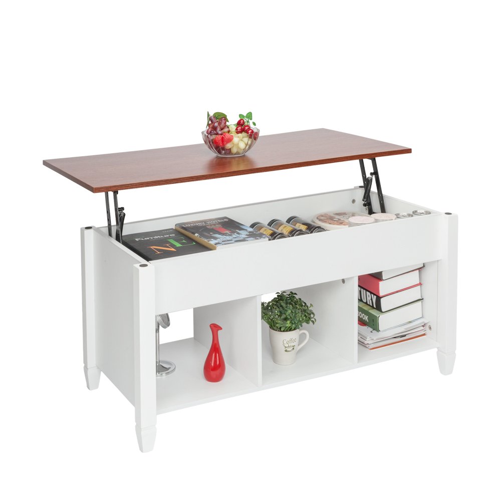 Modern Lift Top Coffee Table with Hidden Storage & Shelves - White for Living Room & Office