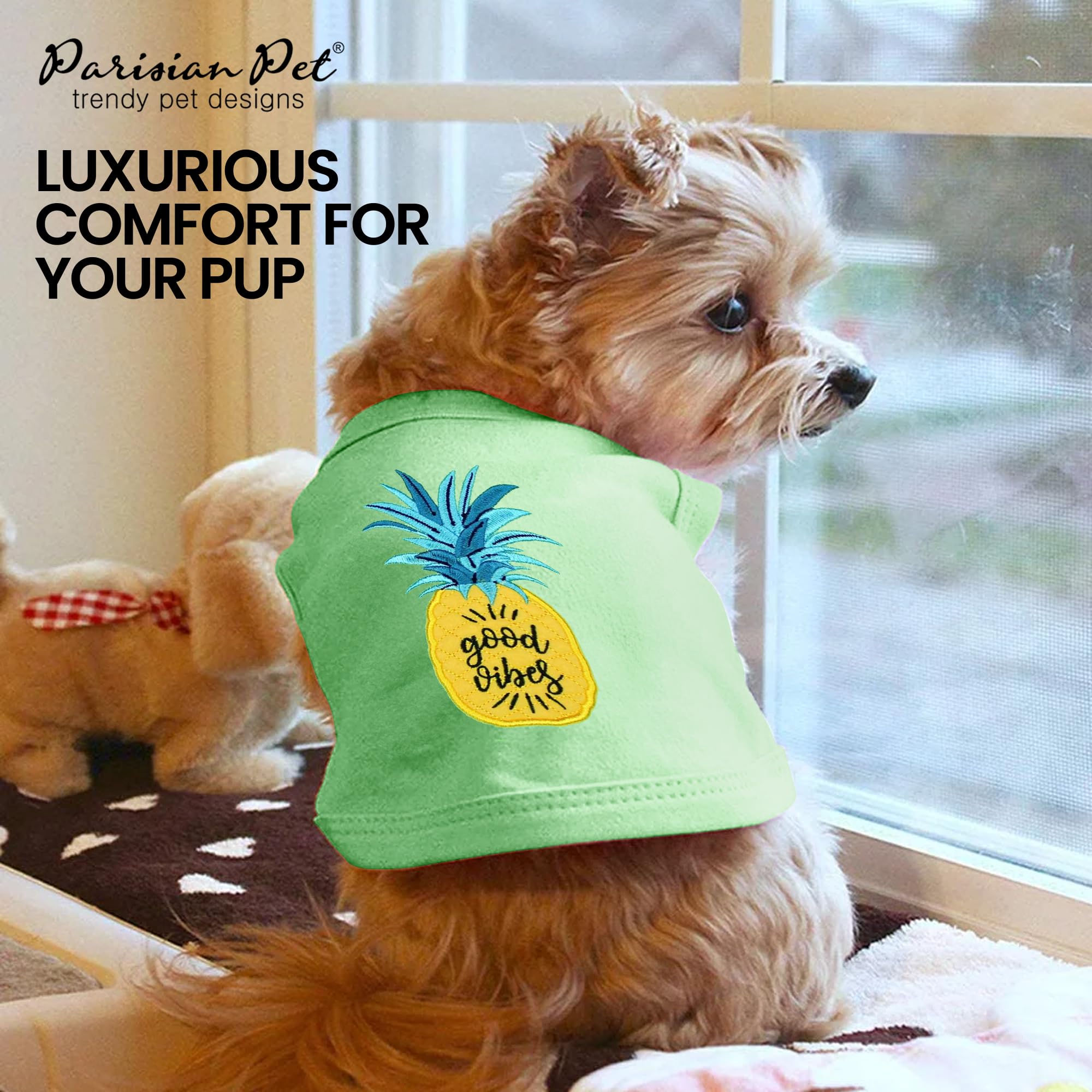 Parisian Pet Dog T-Shirt - Embroidered 'Good Vibes' Sleeveless Dog Tee - 100% Cotton Lightweight Pet Shirt for Small Dogs - Machine Washable Pet Vest (XS) - Perfect for Summer Walks & Photo Shoots
