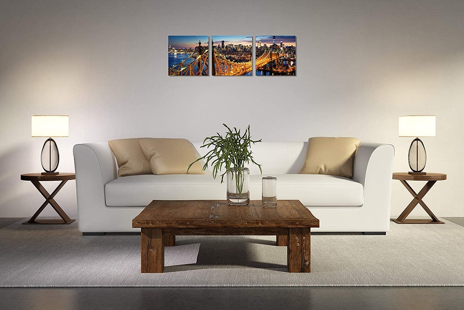 TutuBeer 3-Panel New York Skyline Wall Art - NYC Canvas Painting with Manhattan Sunset & Bridge Night View - Stretched & Framed Cityscape Decor for Living Room, Bedroom, or Office