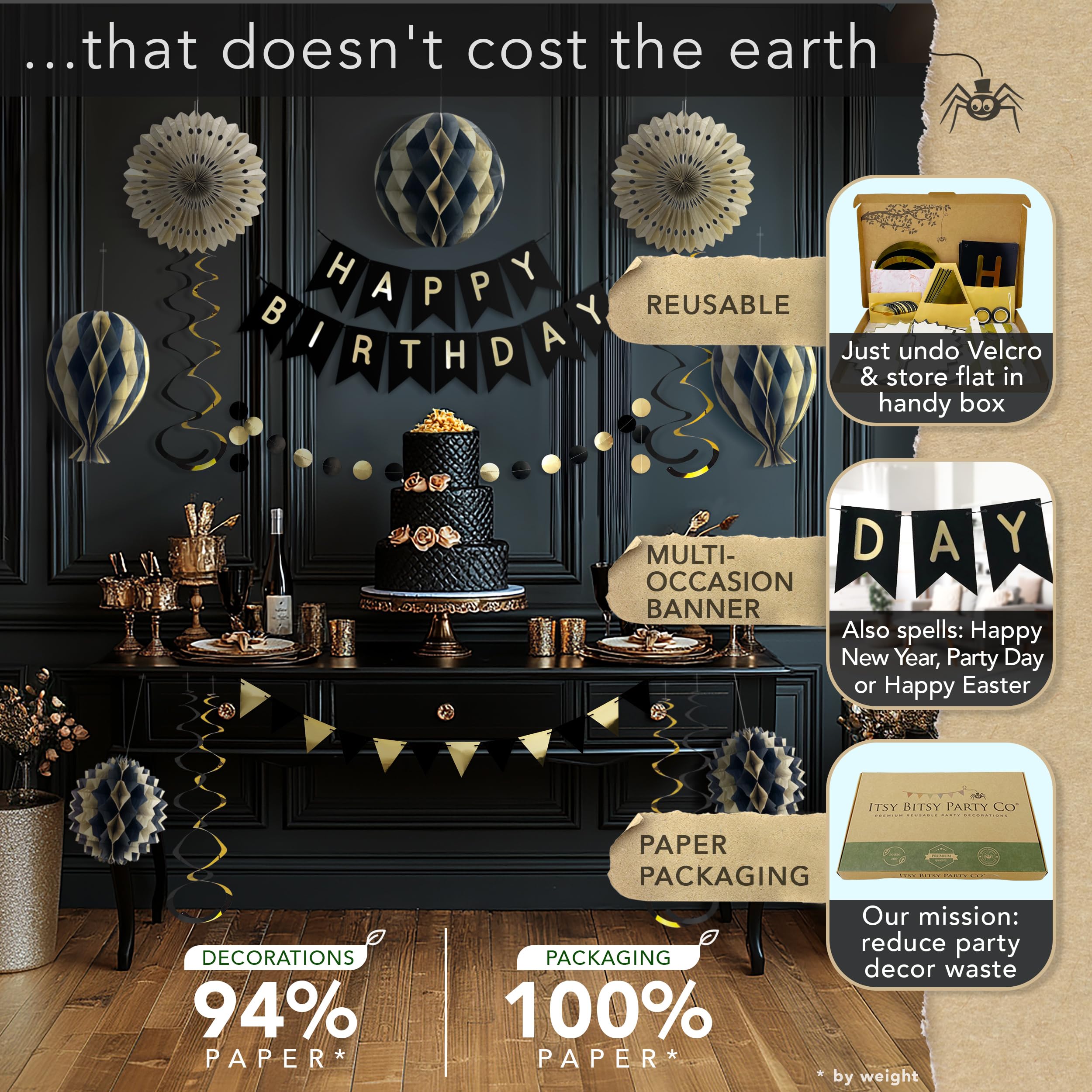 Premium Reusable Black & Gold Happy Birthday Decorations Set - Elegant Birthday Banner, Honeycomb Balls & Streamers for Women & Men | Perfect for Adult Parties, Milestone Celebrations & Anniversary Decor