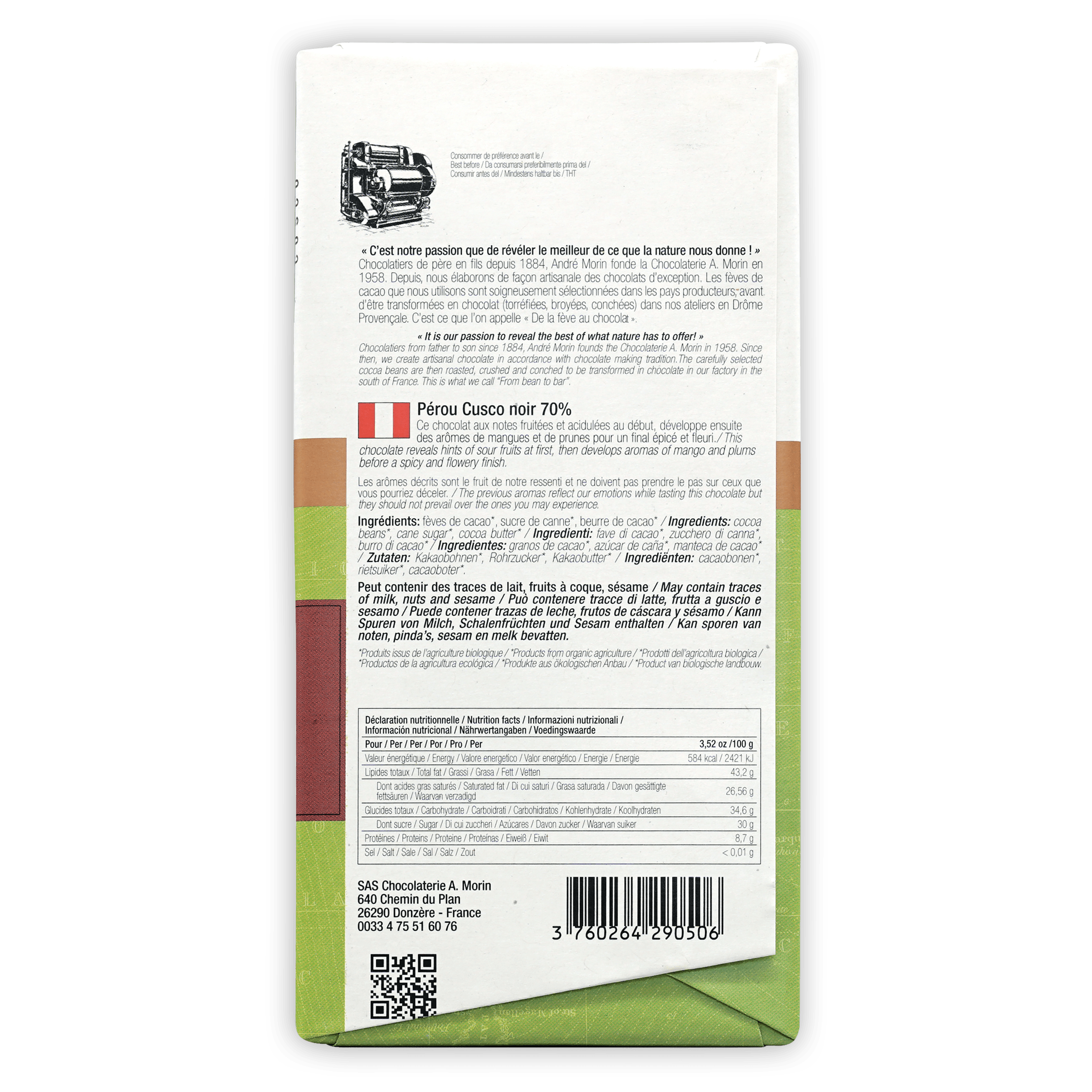 A. Morin Peru Cusco 70% Dark Chocolate Bar - Premium Organic Single Origin Cacao for Baking, Gifting & Healthy Snacking