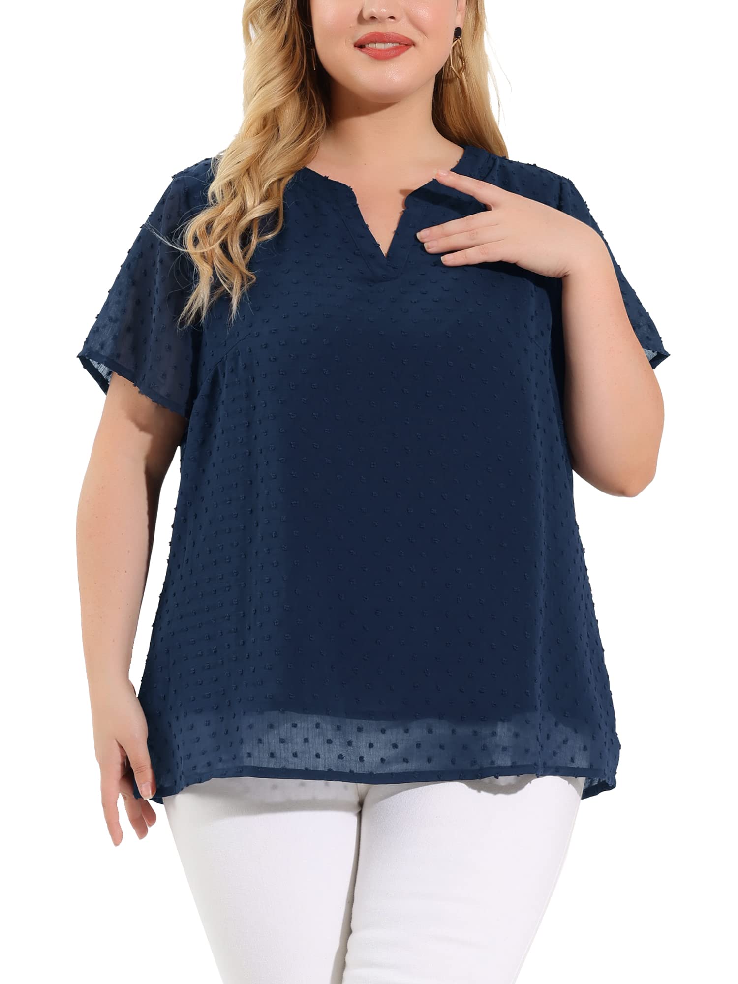 Agnes Orinda Plus Size Women's Summer Tops - Swiss Dot Print Notched Neck Short Sleeve Blouse | Casual Office Wear & Vacation Outfit