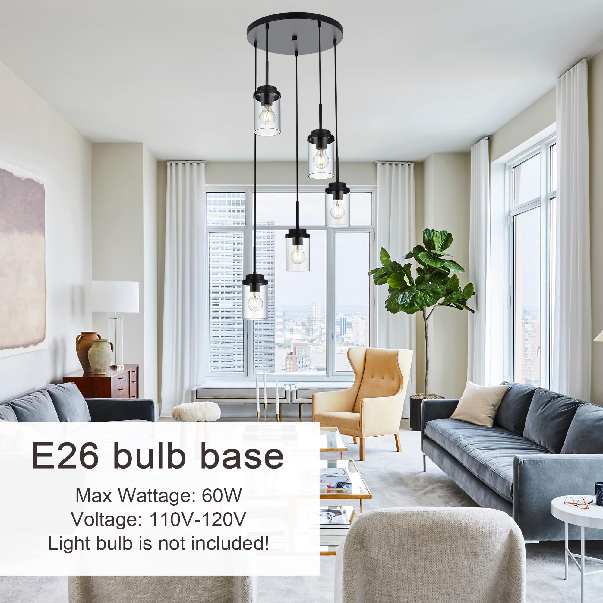 MELUCEE 5-Light Modern Black Pendant Light Fixture with Clear Glass Shade - Cluster Chandelier for Kitchen Island, Dining Room, Living Room Ceiling Lighting | Perfect for Farmhouse, Industrial & Contemporary Home Decor