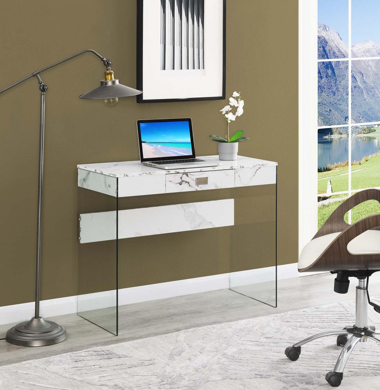 Convenience Concepts SoHo 36-inch White Faux Marble Glass Desk with 1 Drawer - Modern Home Office Furniture for Small Spaces & Workstations
