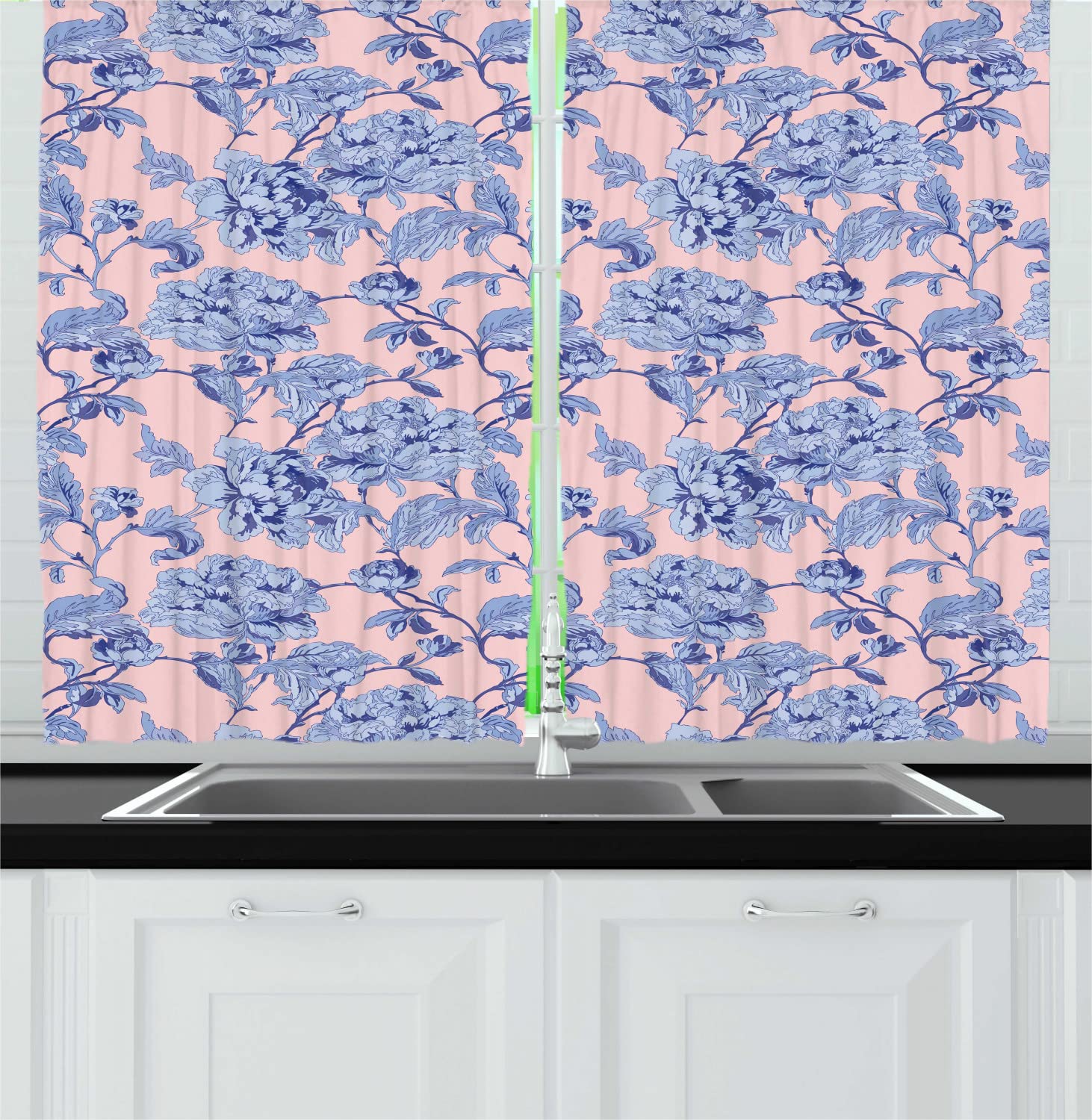 Ambesonne Floral Long Kitchen Curtains - Vintage Rose Bouquet Design with Leaves, 2 Panels Rod Pocket Drapes 55x45 inches, Lavender Blue & Blush | Perfect for Farmhouse, Cottage & Vintage Style Kitchen Decor