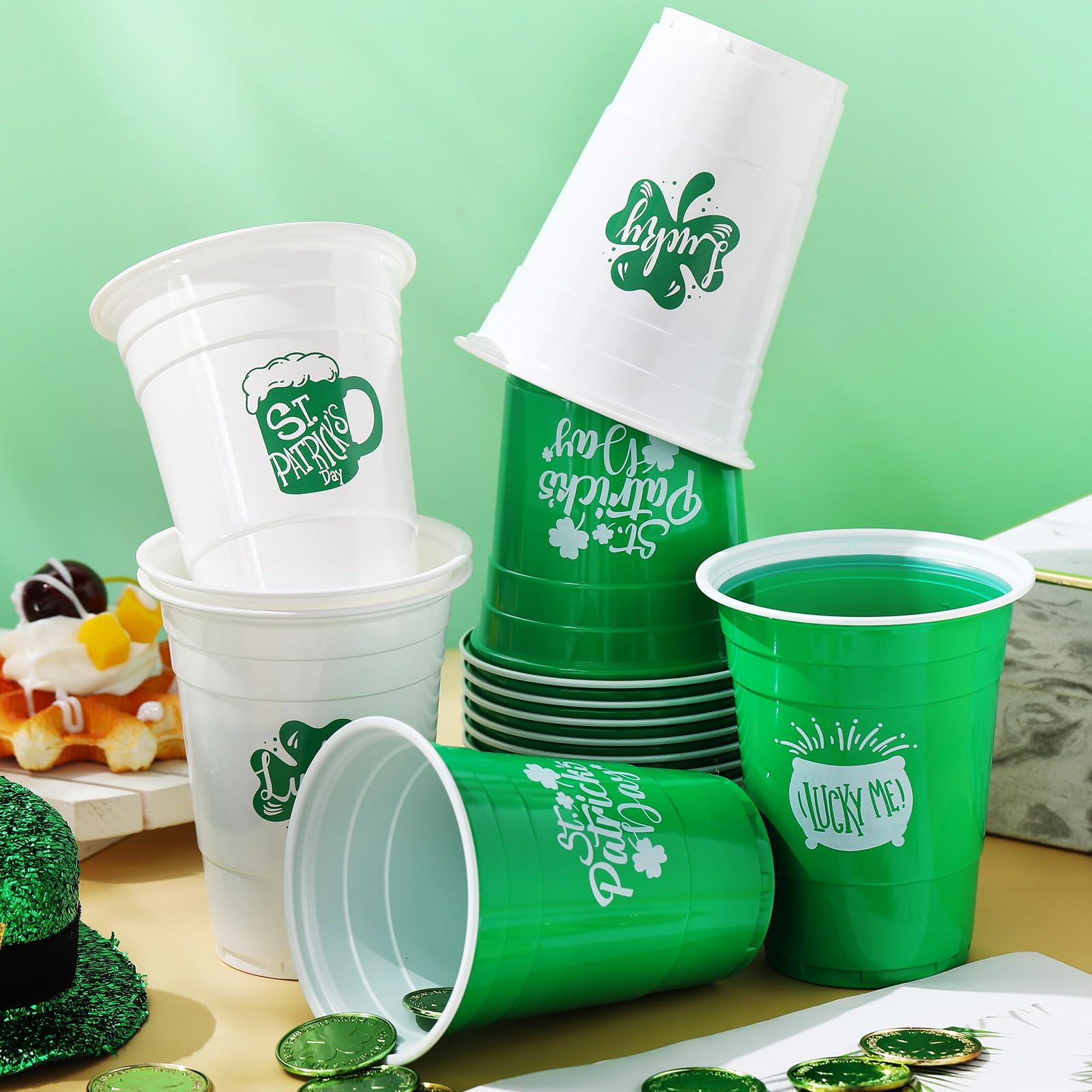 60 Pcs 16oz St. Patrick's Day Plastic Cups - Green & White Shamrock Disposable Party Cups with Lucky Clover Design for Beer, Beverages & Celebrations - Perfect for St. Patty's Day Parties, Irish-Themed Events & Home Decorations