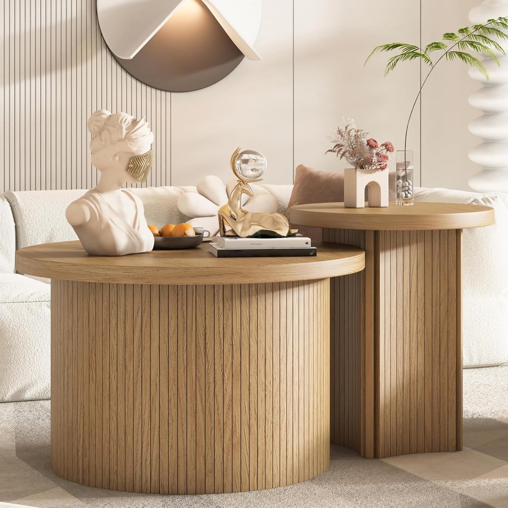 Round Nesting Coffee Table Set of 2 - Wood Finish Stackable Side Tables for Living Room & Bedroom - Rustic Modern Sofa Table - Perfect for Small Spaces, Home Decor & Coffee Time