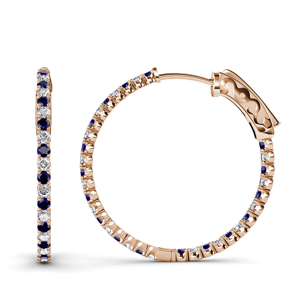 14K Rose Gold Blue Sapphire & Natural Diamond Inside-Out Hoop Earrings 2.77 ctw - Elegant Jewelry for Weddings, Parties & Special Occasions