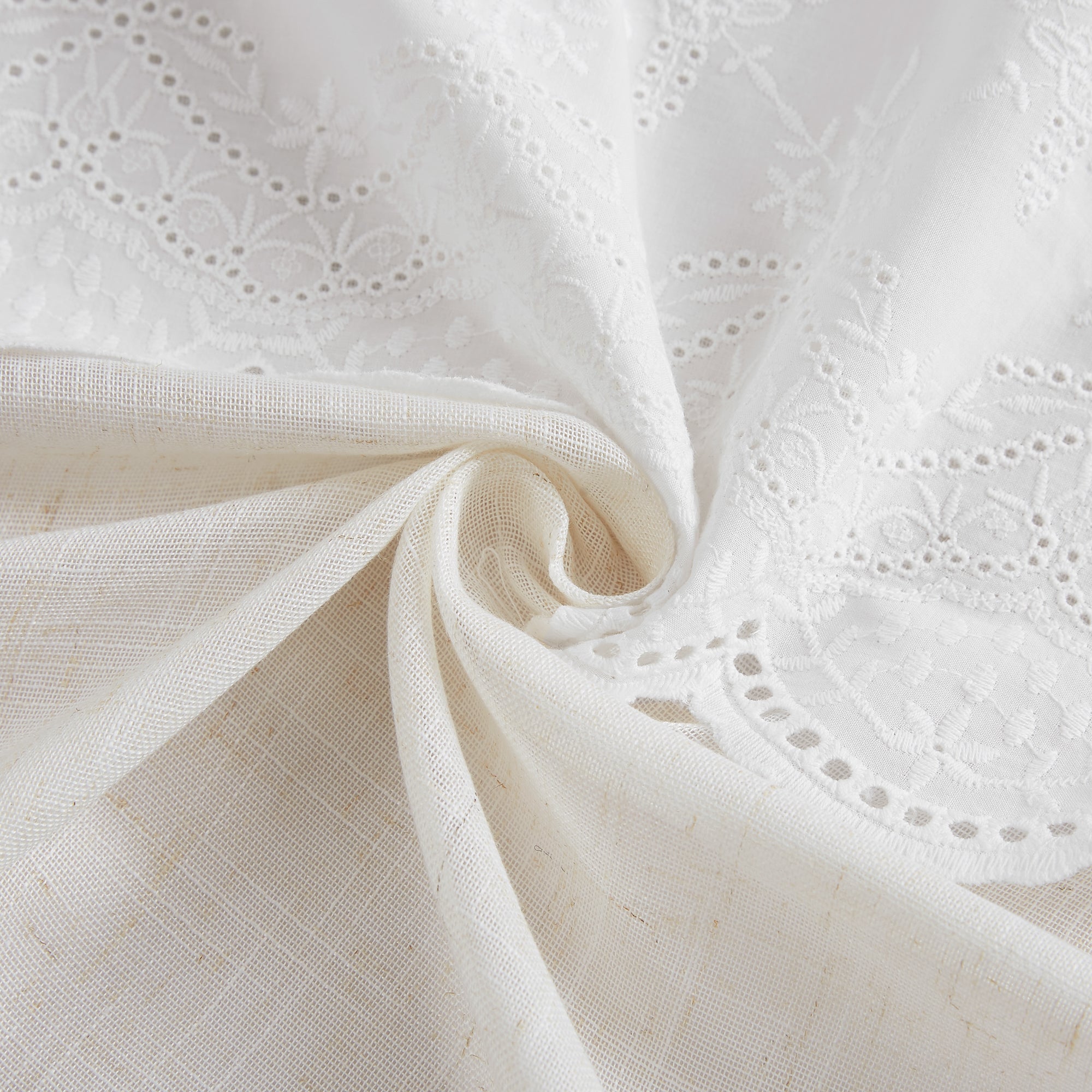 Brigitte Embroidery Eyelet Scalloped Edge Kitchen Curtains - Elegant Window Treatments for Farmhouse, Cottage & Vintage Style Homes