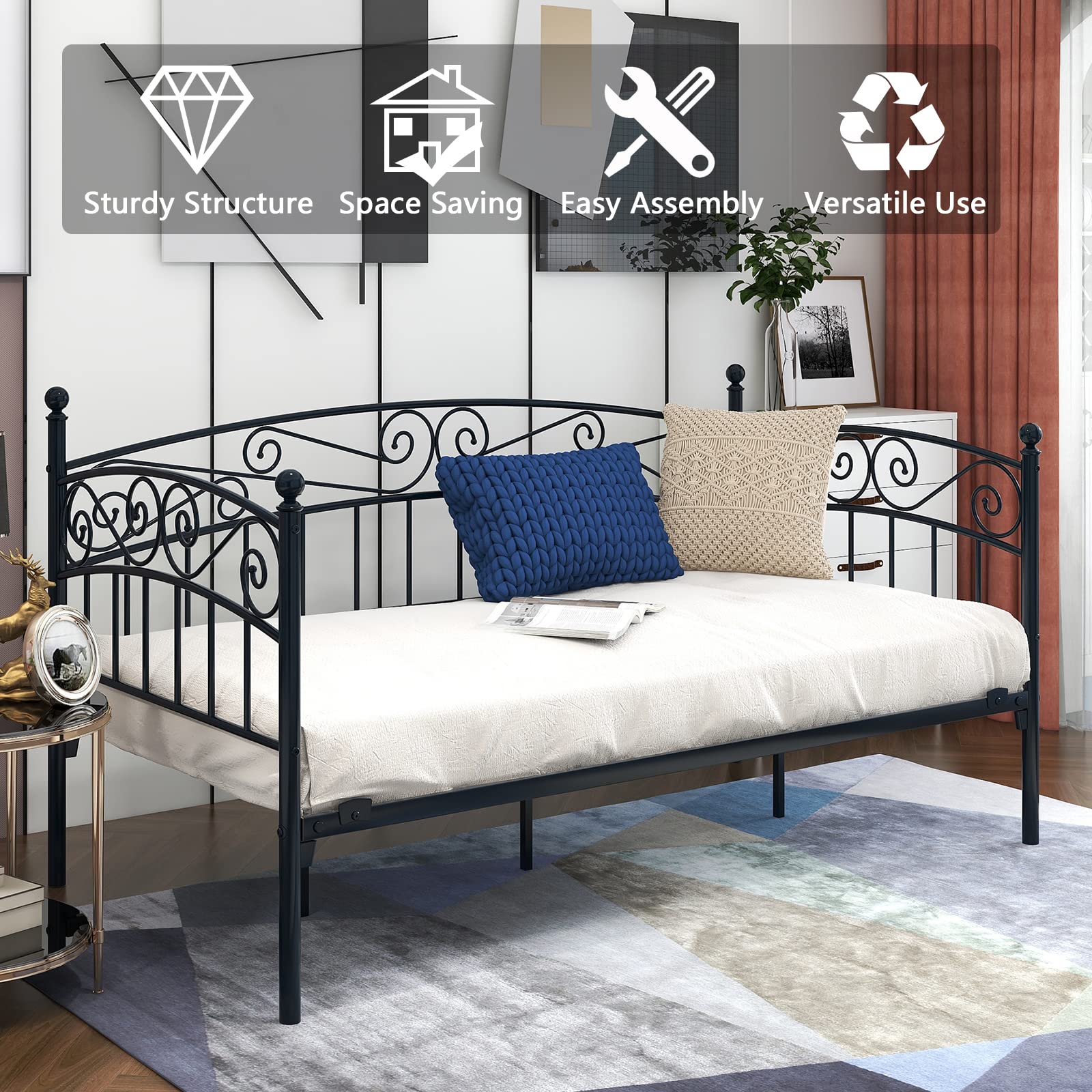 mikibama Metal Twin Size Industrial Daybed Frame - Space Saving Arched Victorian Black Guest Bed for Small Spaces | Perfect for Living Rooms, Studios & Dorm Rooms