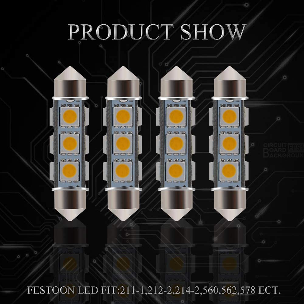 Everbright 6-Pack 44MM 578 LED Bulbs - 569 211-2 212-2 Festoon LED Dome Light, Warm White 12V Interior Lights for Car Trunk, License Plate & Map Lights | Perfect for Vehicle Interior Lighting Upgrade