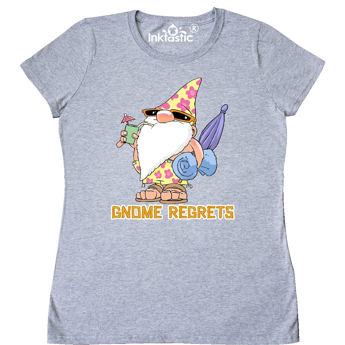 Inktastic Vacation Beach Bum Gnome Regrets Women's T-Shirt | Funny Summer Graphic Tee for Women | Beach Party, Vacation Outfit, Casual Wear