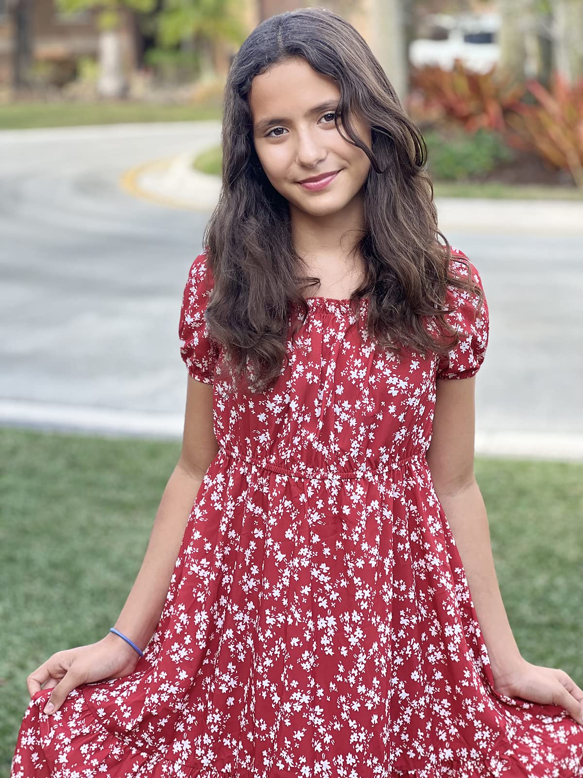 **Girls Summer Floral Dress - Square Neck Puff Sleeve A-Line Midi Dress for Kids | Perfect for Beach, Party & Casual Outings**