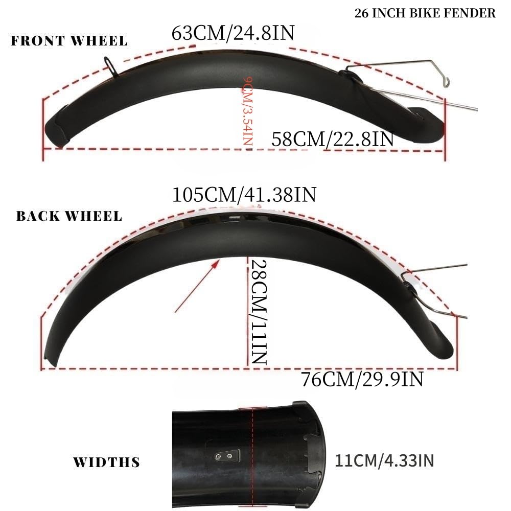 Fat Bike Fender Set - Front & Rear Full Coverage Mud Guards for 26 Inch Fat Tire Bicycles (Black) - Perfect for Mountain Biking, Snow Riding & Off-Road Adventures