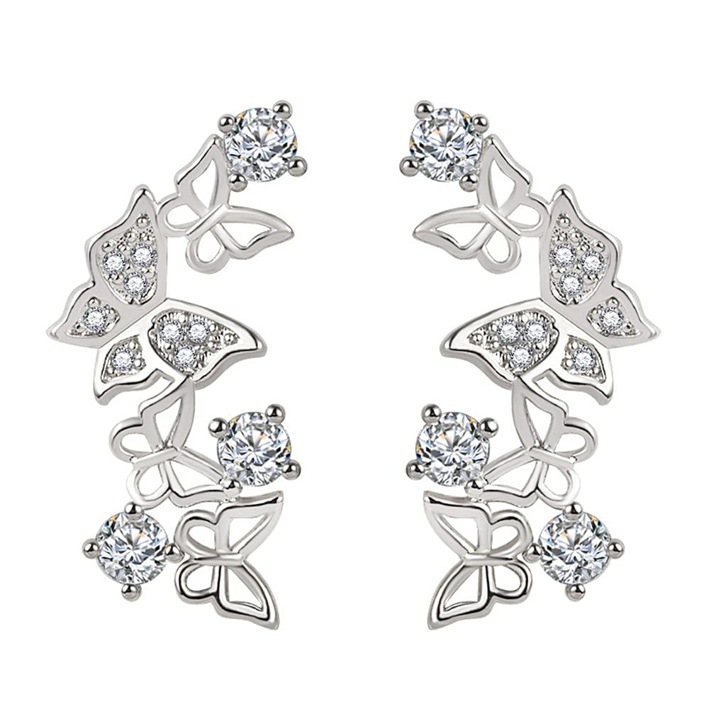 14K Gold Plated Butterfly Flower Stud Earrings for Women - Cubic Zirconia Cuff & Wrap Ear Crawlers - Elegant Gift for Birthday, Valentine's Day, Wedding & Party | Perfect for Date Night, Office Wear & Special Occasions