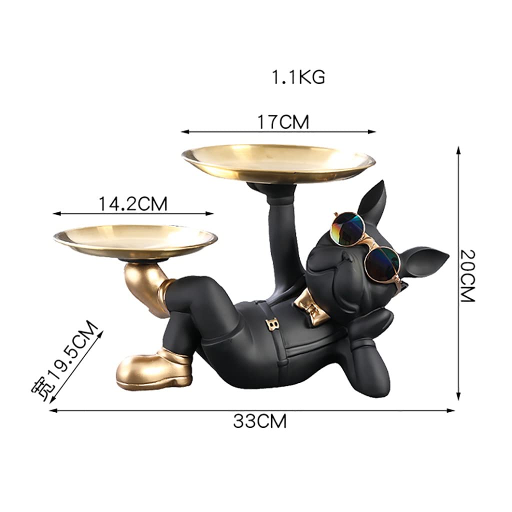 French Bulldog Figurine with Stainless Steel Tray - Key, Snack, Perfume Holder - Home & Office Desk Decor for Jewelry, Candy, and Accessories Organization (Black) - Perfect for Gifts, Party Favors, and Stylish Home Décor