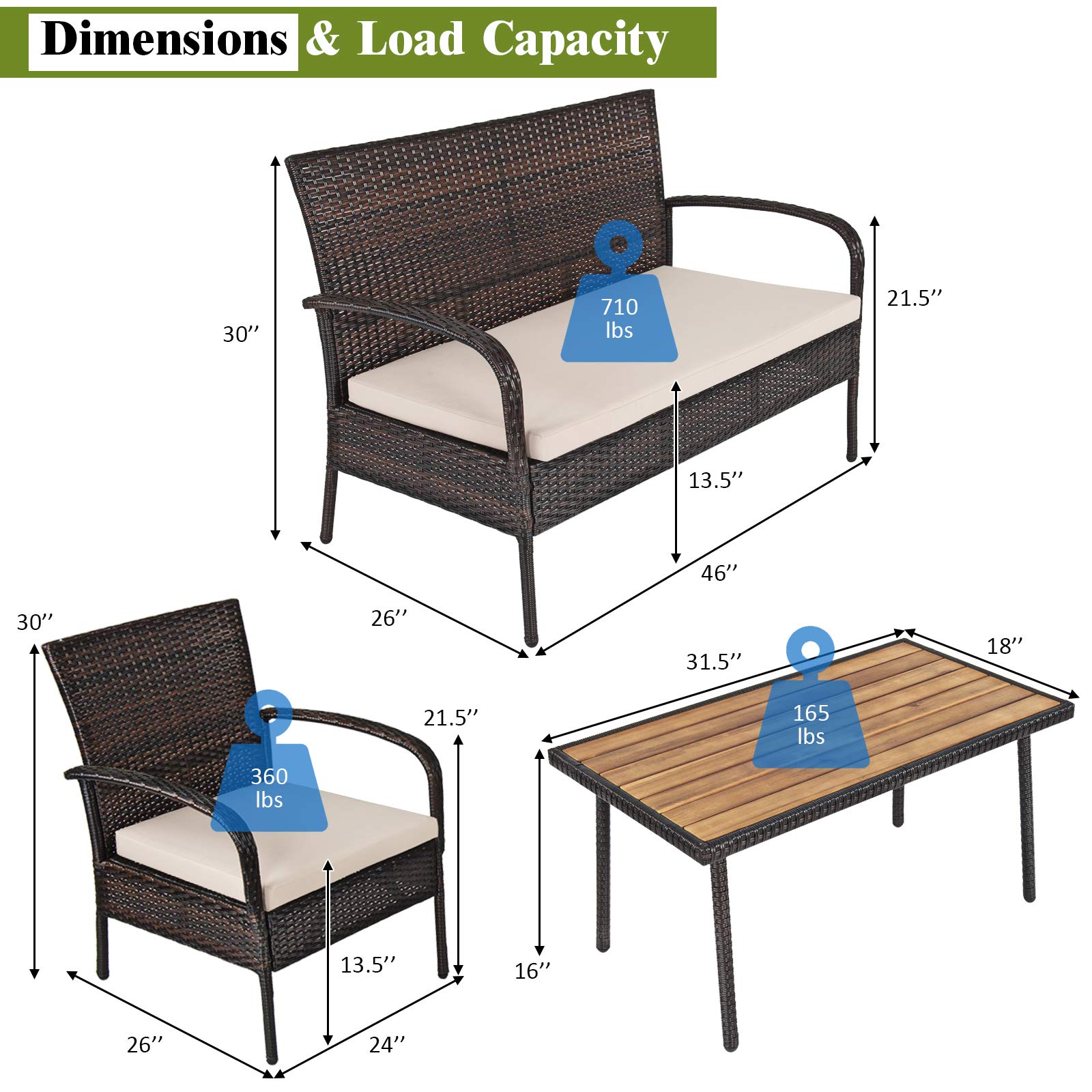 Tangkula 4-Piece Patio Rattan Furniture Set with Cushions & Acacia Wood Coffee Table - Outdoor Sectional Sofa Set for Garden, Backyard, Poolside - Weather-Resistant Brown Wicker Conversation Set (Perfect for Outdoor Entertaining, Relaxing & Lounging)