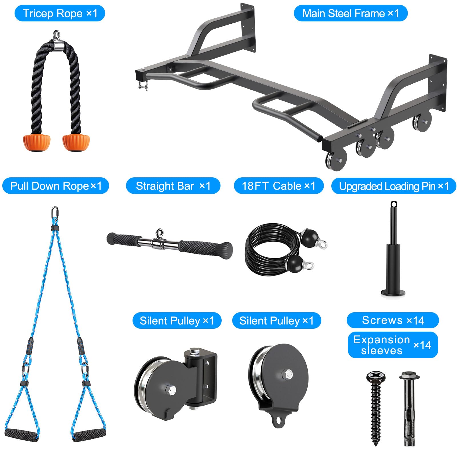 Kipika 48-Inch Wall Mounted Multi-Function Gym Cable Pulley System with Pull Up Bar & LAT Pulldown Attachments - DIY Home Gym Equipment for Strength Training, Punching Bag Hanger - Perfect for Home Workouts, Garage Gyms & Functional Fitness Training