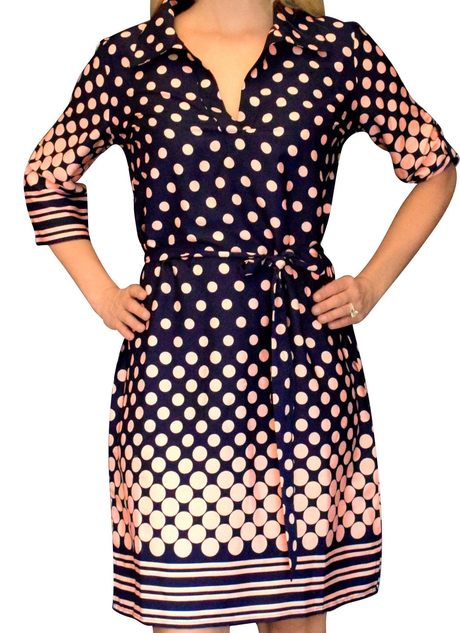 Women's Stylish V-Neck ¾ Sleeve Shift Dress with Waist Tie - Navy Blue Polka Dot Print (Medium) - Perfect for Office Wear, Cocktail Parties & Summer Outings