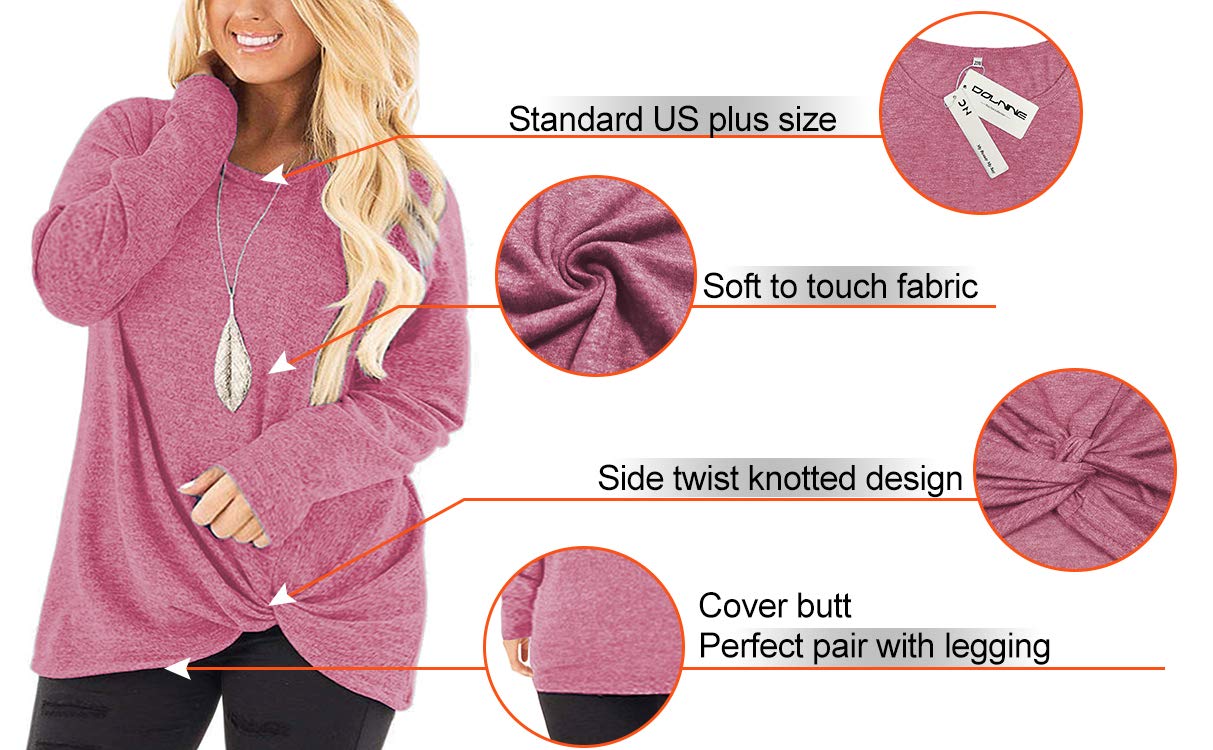 DOLNINE Women's Plus Size Knotted Tops Long Sleeve Casual Blouse - Loose Fit T-Shirt for Women | Perfect for Everyday Wear, Office & Date Night Outfits