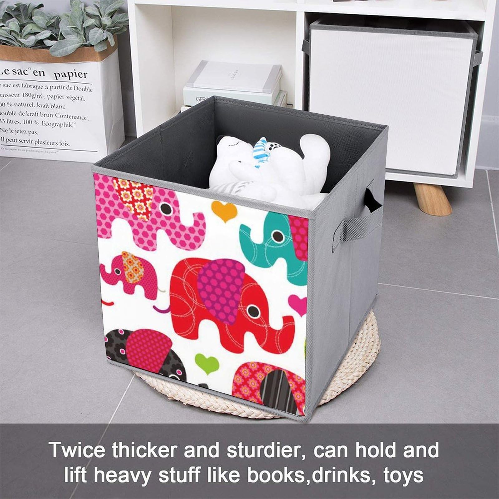 Colorful Elephant Print Foldable Storage Bins 6-Pack - 10.6x10.6x10.6 Inch Collapsible Cube Organizers with Handles for Closet, Shelves, Kids Room & Toy Storage