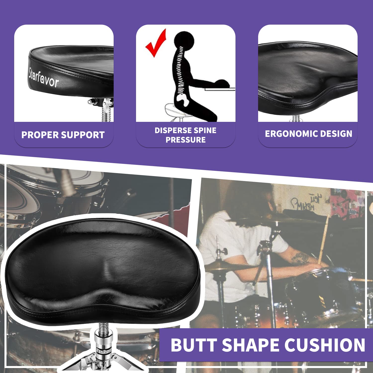 Starfavor Ergonomic Drum Throne with 7A Drum Sticks - Adjustable Height Drum Seat for Drummers, Perfect for Practice, Live Performances & Studio Sessions