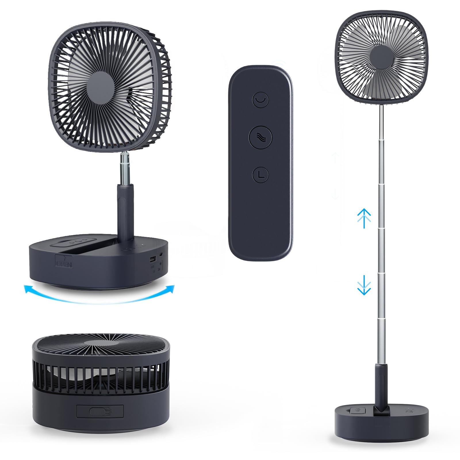 Magesh Portable Oscillating Pedestal Fan with Remote Control - 120° Wide Angle Rotation, 3-in-1 Foldable Standing/Desk Fan, 7200mAh Rechargeable Battery, 4 Speed Settings & Quiet Timer - Perfect for Home, Office, Outdoor, Camping, and Travel (Dark Blue)