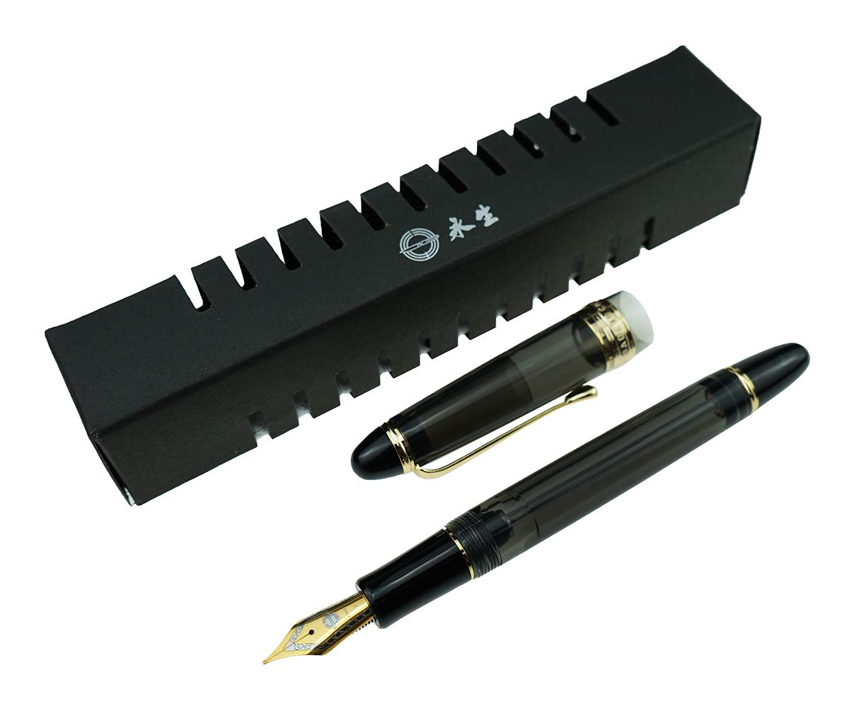 Lanxivi Yongsheng 699 Fountain Pen - Fine Nib Vacuum Filling System, Transparent Gray Acrylic Body with Gold Trim, Solid Section Pen Box Set - Perfect for Calligraphy, Journaling & Gift Giving