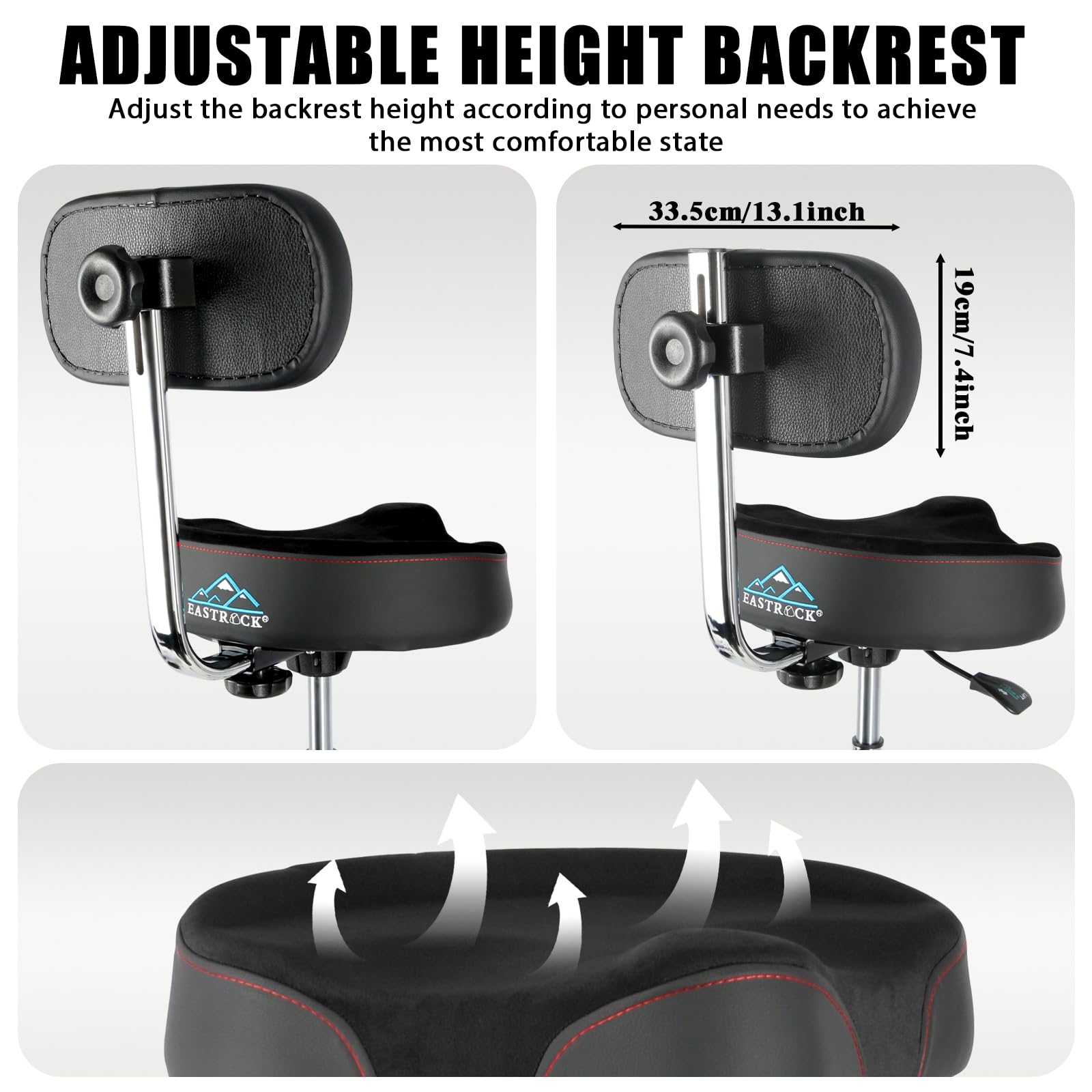 EASTROCK Heavy Duty Adjustable Drum Throne with Backrest - Motorcycle Style Hydraulic Drum Seat for Adult Drummers - Perfect for Drum Practice, Live Performances & Studio Recording (Black)