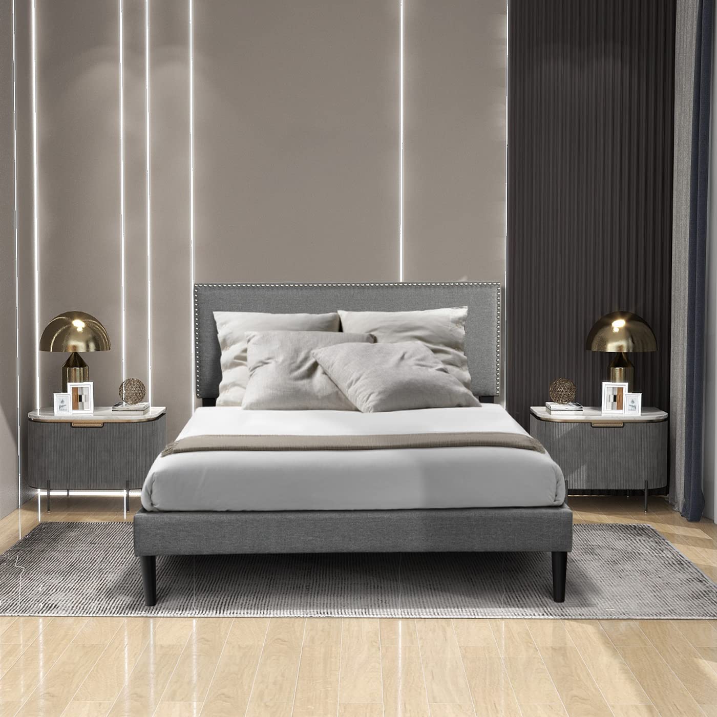 Queen Size Upholstered Platform Bed Frame with Headboard & Wooden Slats - Noise Free, No Box Spring Needed, Light Grey - Perfect for Modern Bedrooms, Guest Rooms & Small Apartments