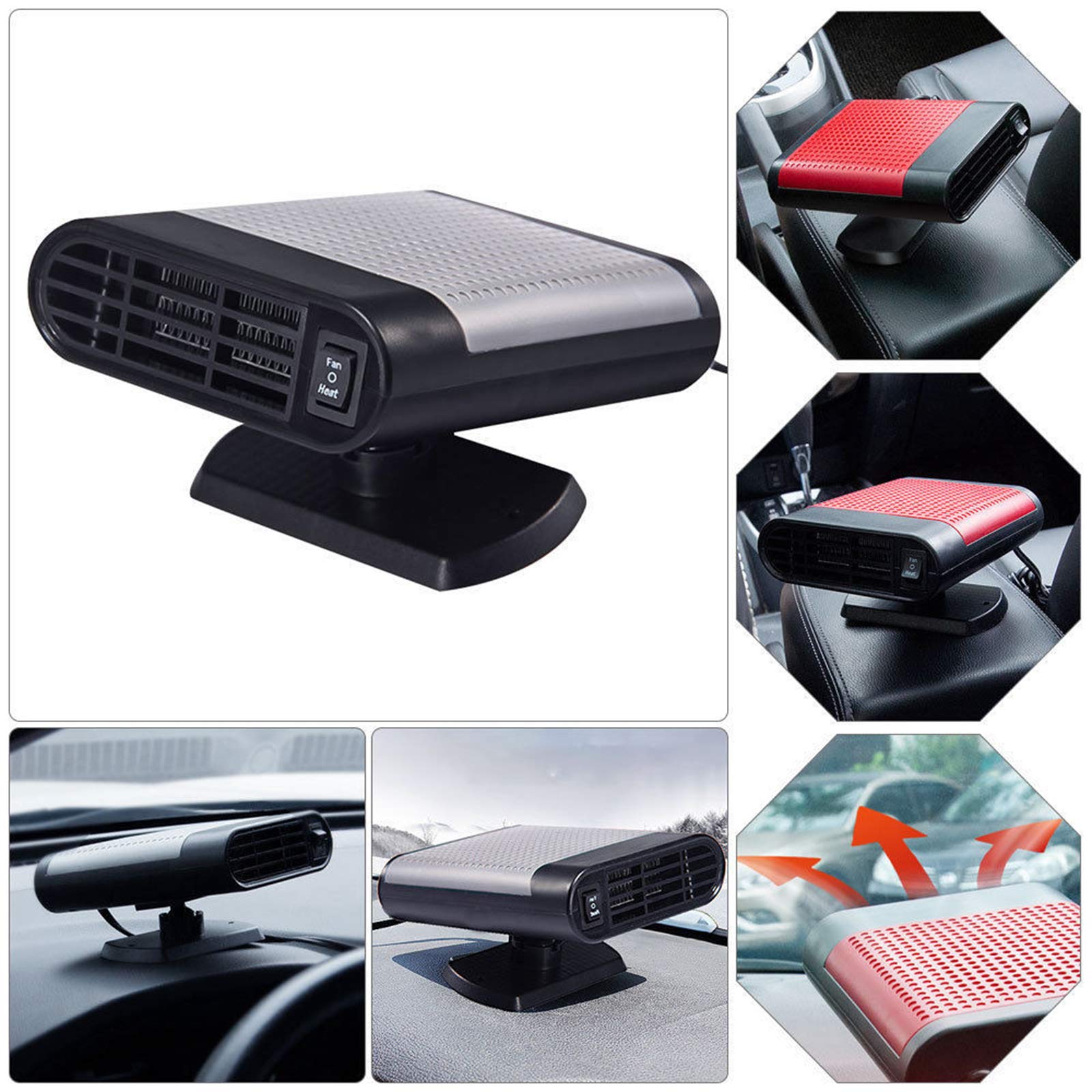12V Portable Car Heater - Universal Interior Heating & Cooling Fan with Defroster and Demister for Winter - Red Car Accessory for Window Mist Removal & Cabin Comfort