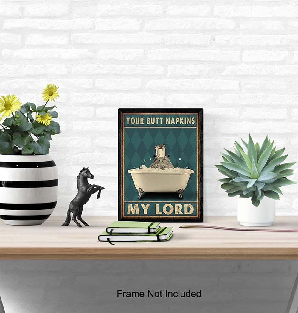 Funny Butt Napkins My Lord Bathroom Wall Art - Cute Modern Hippo Decor for Powder Room & Guest Bath - Unique Restroom Sign & Pictures - Perfect for Home, Office, or Gift