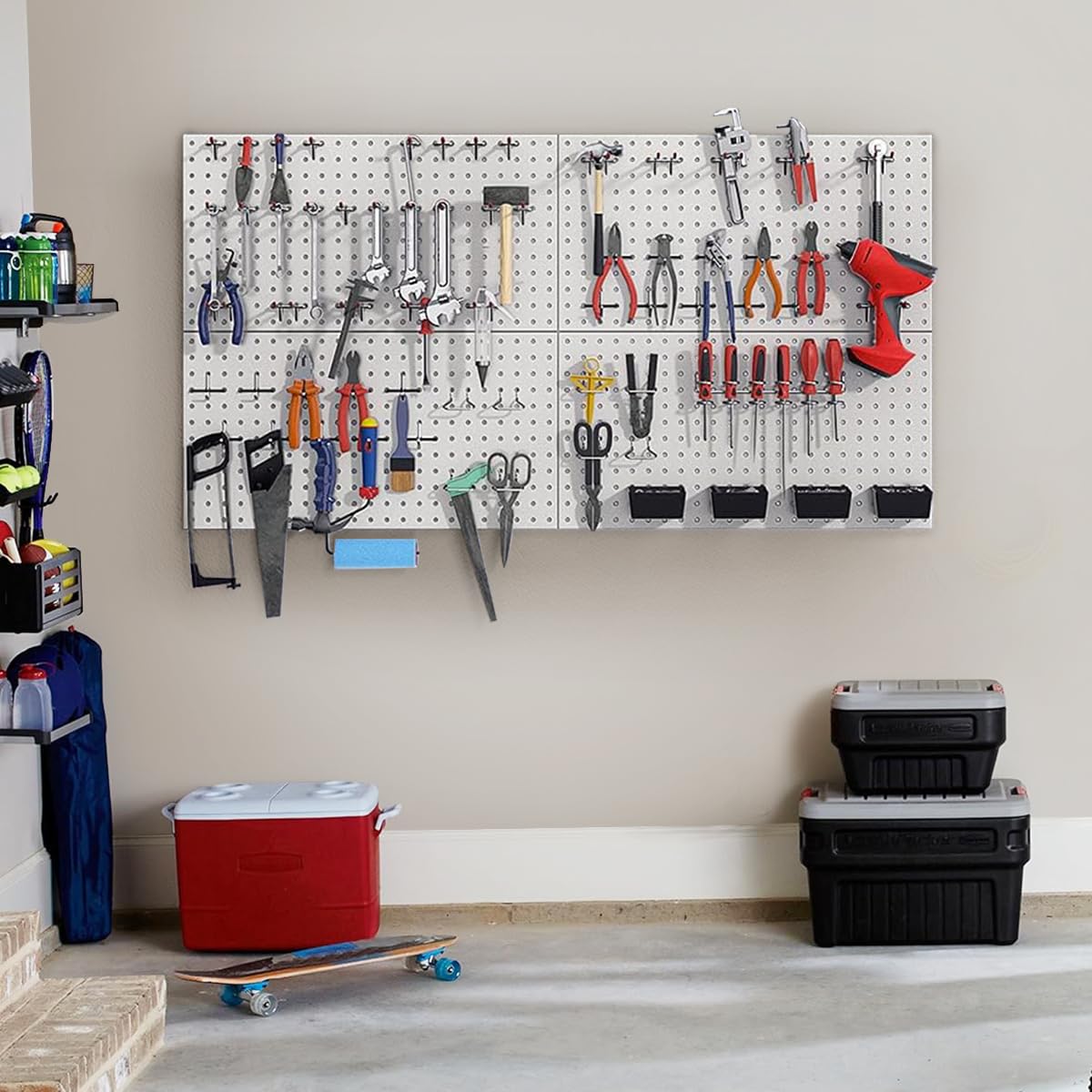 48x24 Inch Gray Metal Pegboard Kit with Hooks & Bins - Wall Mounted Tool Organizer for Garage, Workshop & Home Office Storage | Durable Utility Board for Tools, Supplies & DIY Accessories