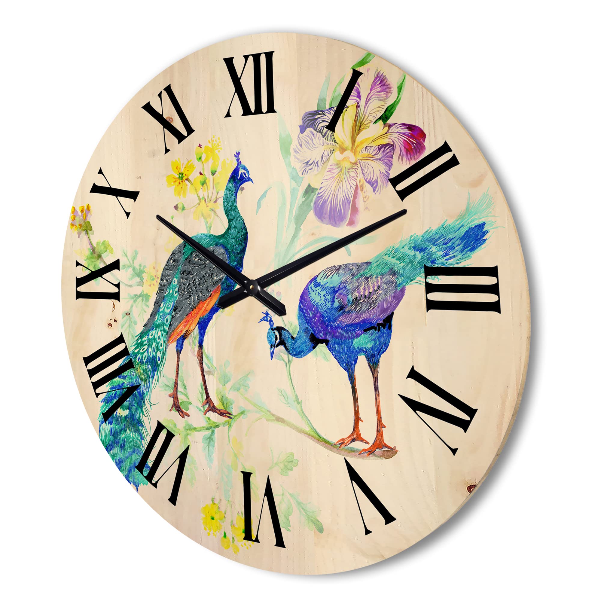 DesignQ 'Iris Flowers and Peacocks' Large Traditional Wood Wall Clock - Oversized Decorative Animal Wall Clock for Living Room, Bedroom & Office Décor - Perfect for Home, Office and Gift Giving