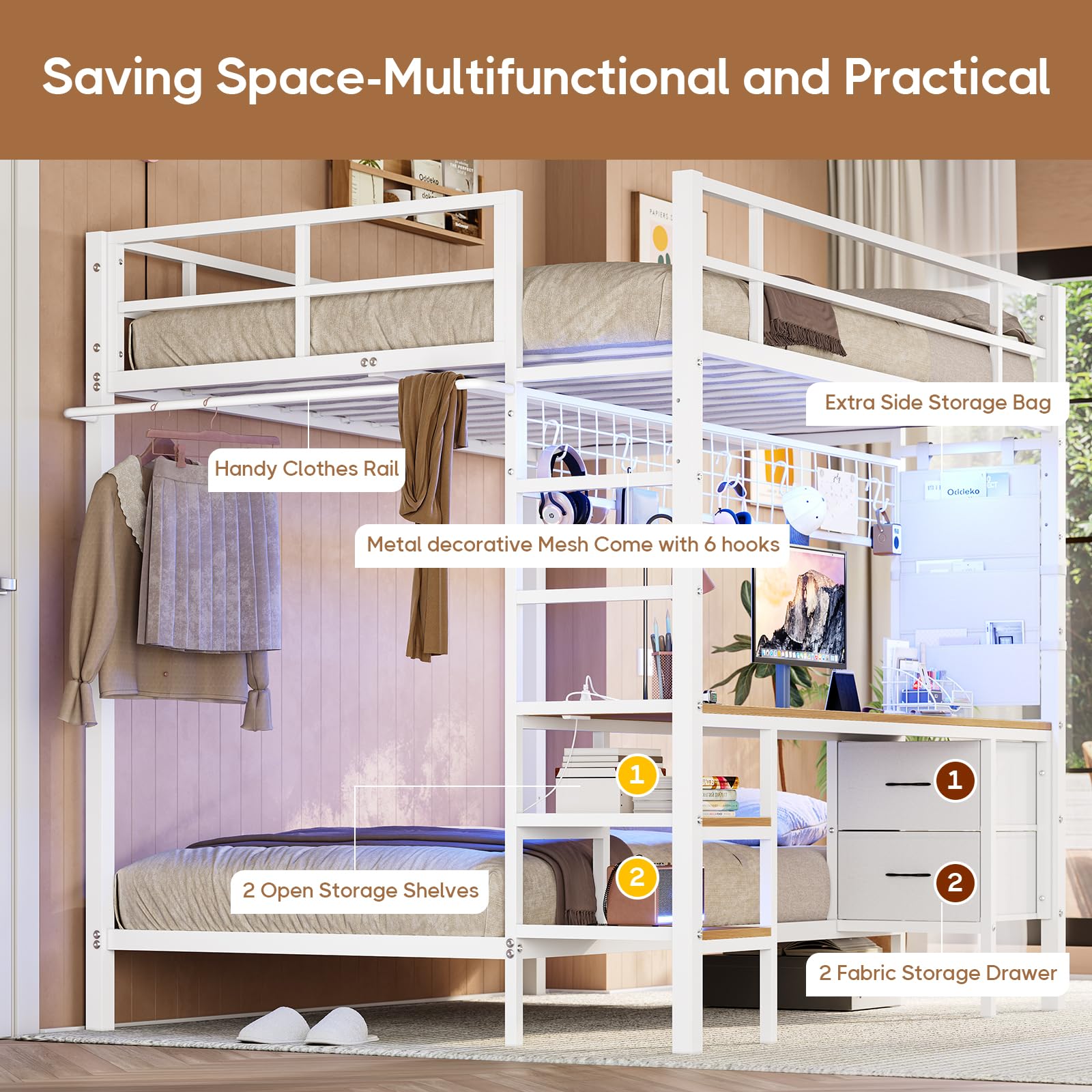**Full Over Twin Bunk Bed with Desk & LED Lights - Metal Loft Bed Frame with Charging Station, Storage Shelves, Drawers - Safe for Teens & Adults - No Box Spring Needed - White - Perfect for Small Rooms, Dorms & Apartments**