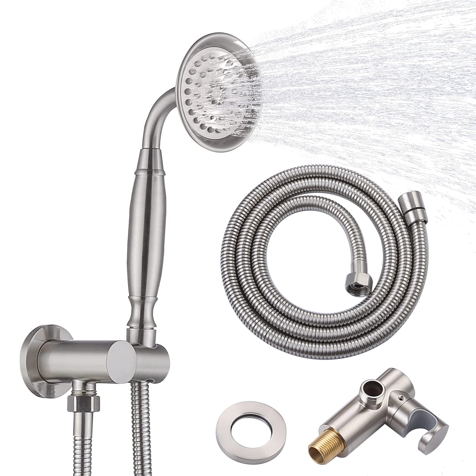 Vintage Brass Telephone Shower Head with Hose - Adjustable Handheld Shower Head with Removable Holder & 59 Inch Shower Hose (Brushed Nickel) for Bathroom, Spa & RV Use