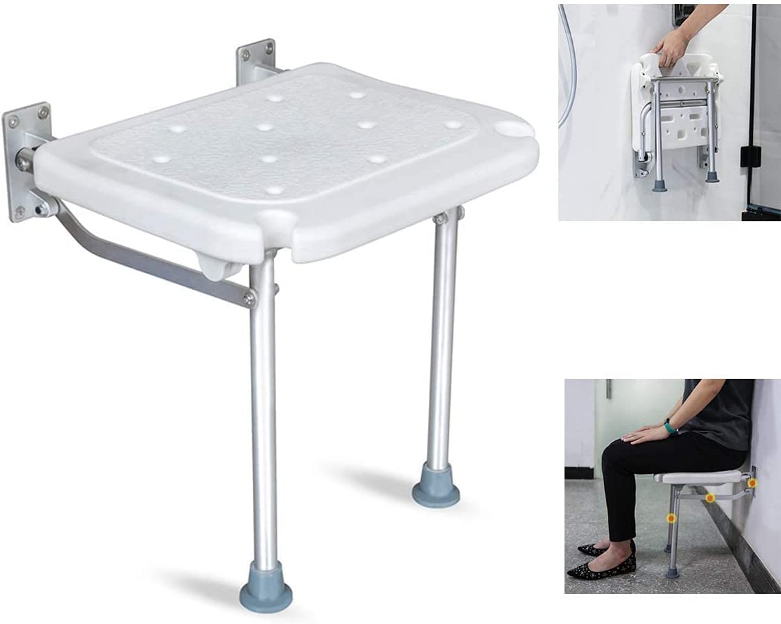 Foldable Wall Mounted Shower Chair for Elderly - Aluminum Frame Bath Seat with Support Leg for Seniors, Pregnant & Disabled - Non-Slip Shower Stool for Safe Bathing at Home, Hospital or Nursing Care