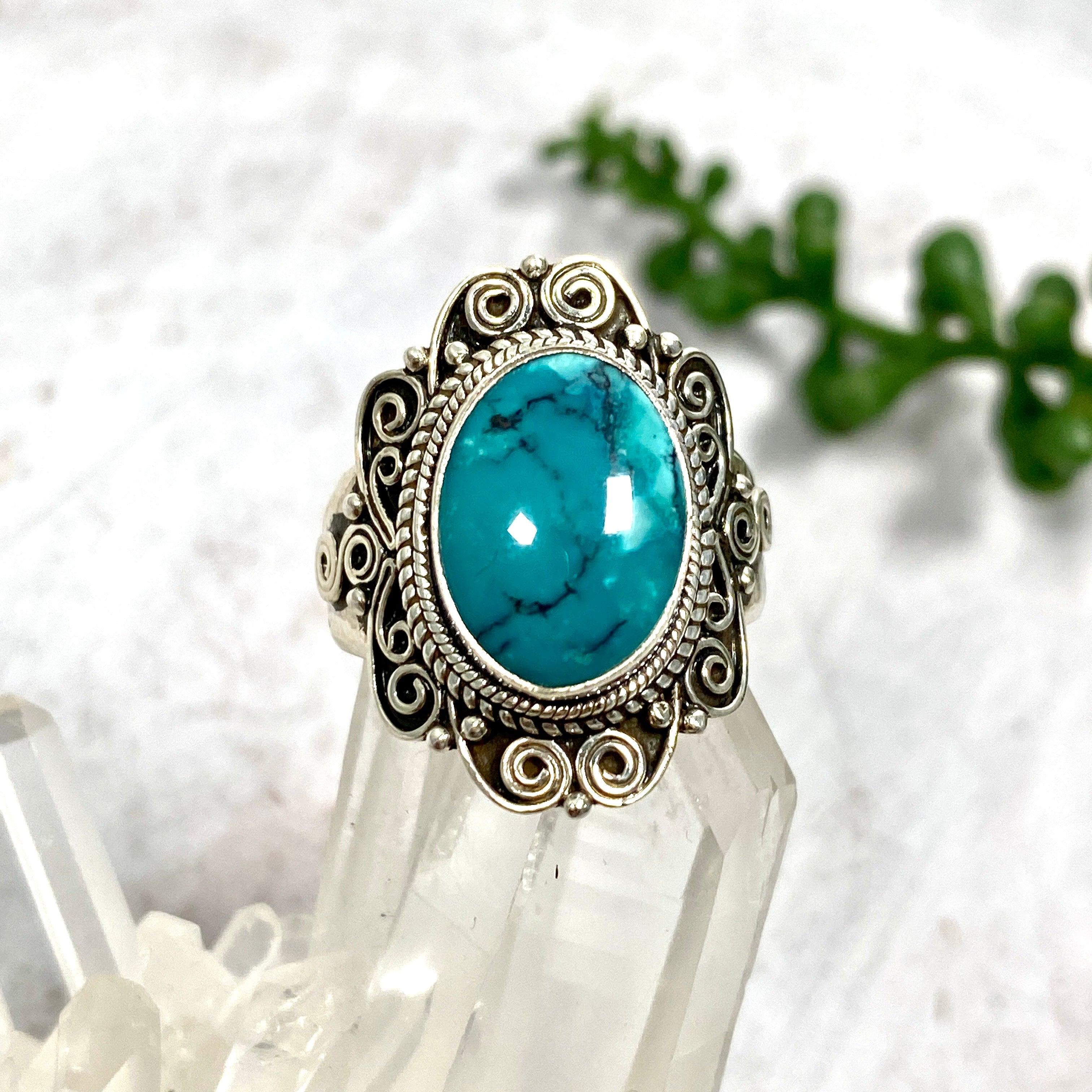 Boho Style Turquoise Oval Ring Size 8 - Handmade Sterling Silver Jewelry for Women, Perfect for Festivals, Weddings & Everyday Boho Fashion
