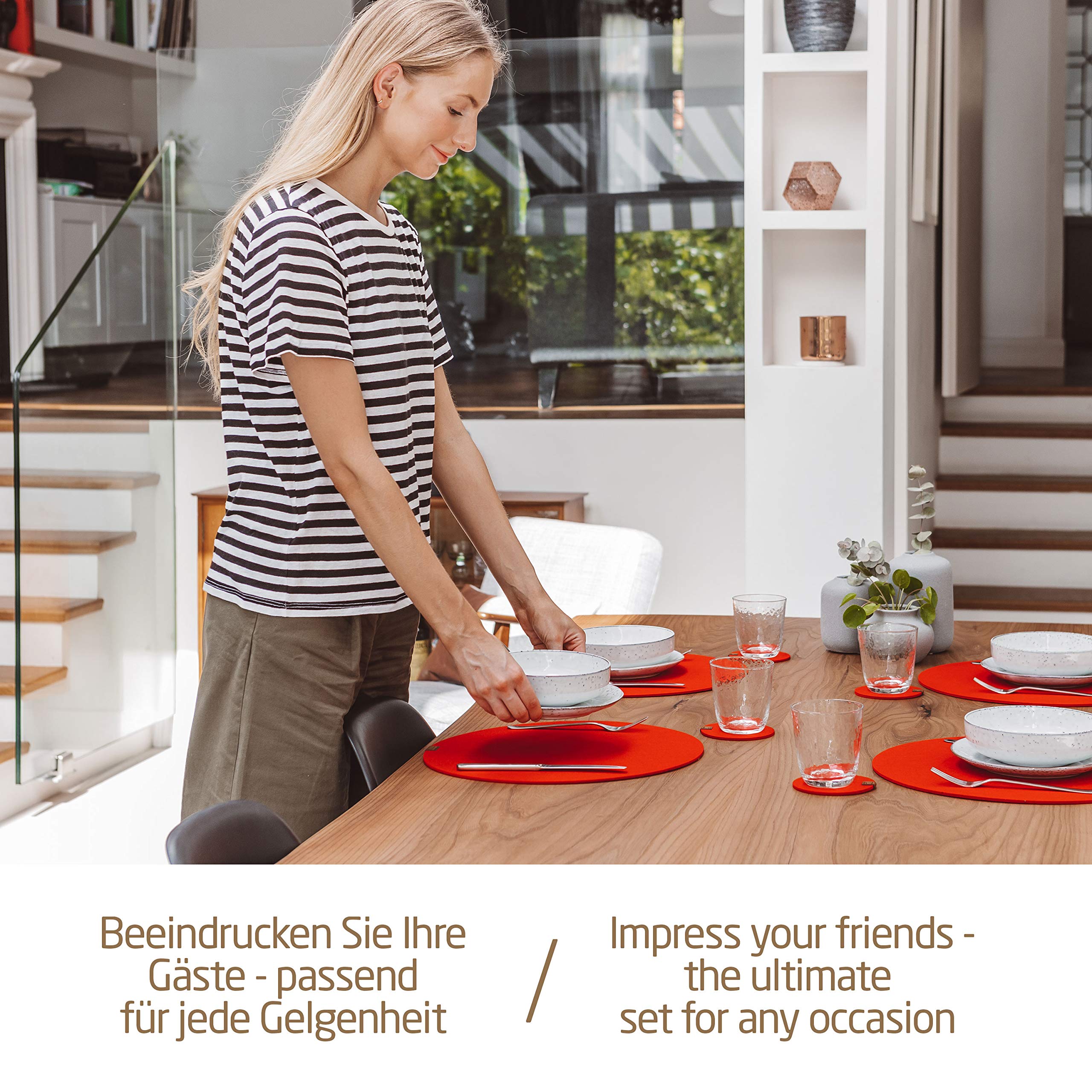 MIQIO® 6-Pack Felt Placemats Set with Glass Coasters - 15 Inch Round Washable Table Mats for Indoor Dining & Outdoor Patio Use - Elegant Red Home Decor