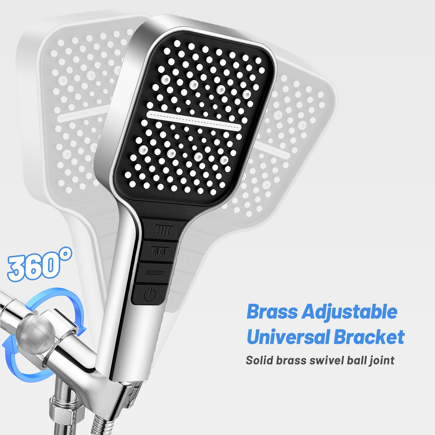 VEHHE 7-Spray Mode Square Shower Head with 1.5M Hose - Water Saving Rain Shower with Stop Button & Adjustable Universal Bracket (Silver) - Perfect for Bathroom Renovation & Water Conservation