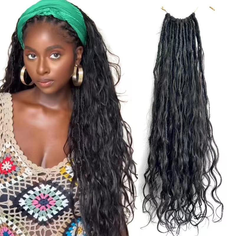 Boho Faux Locs Crochet Hair - 18 Inch Pre-Looped Human Hair Braids with Body Wave Ends - Natural Color Goddess Dreadlocks for Black Women (Pack of 3) - Perfect for Protective Styling, Weddings & Everyday Wear