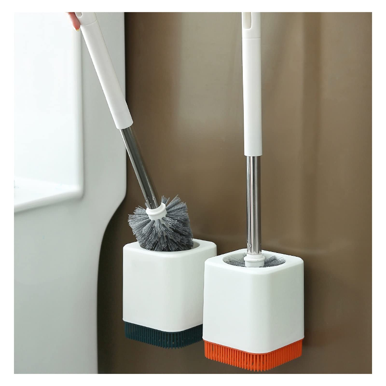 TOMYEUS Wall Mounted Toilet Brush Set - No Dead Angle Cleaning, Soft Plastic Bristles with Base, Deep Cleaning Bathroom Brush (Orange) - Perfect for Home, RV & Small Space Bathrooms